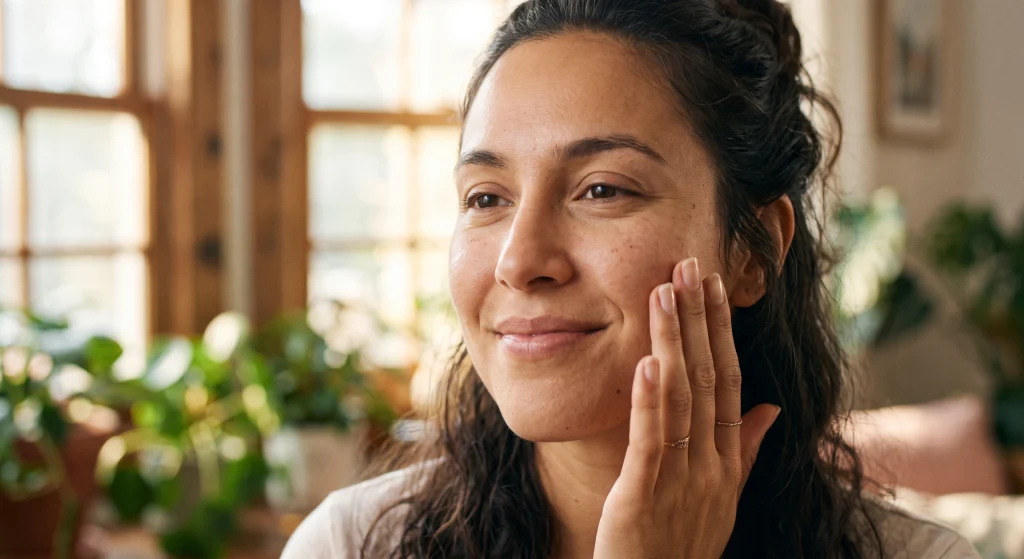 A soft, natural close-up of a woman smiling and touching her cheek; she is wearing no heavy makeup and is bathed in soft morning light. It conveys relief, clarity, and skin well-being.